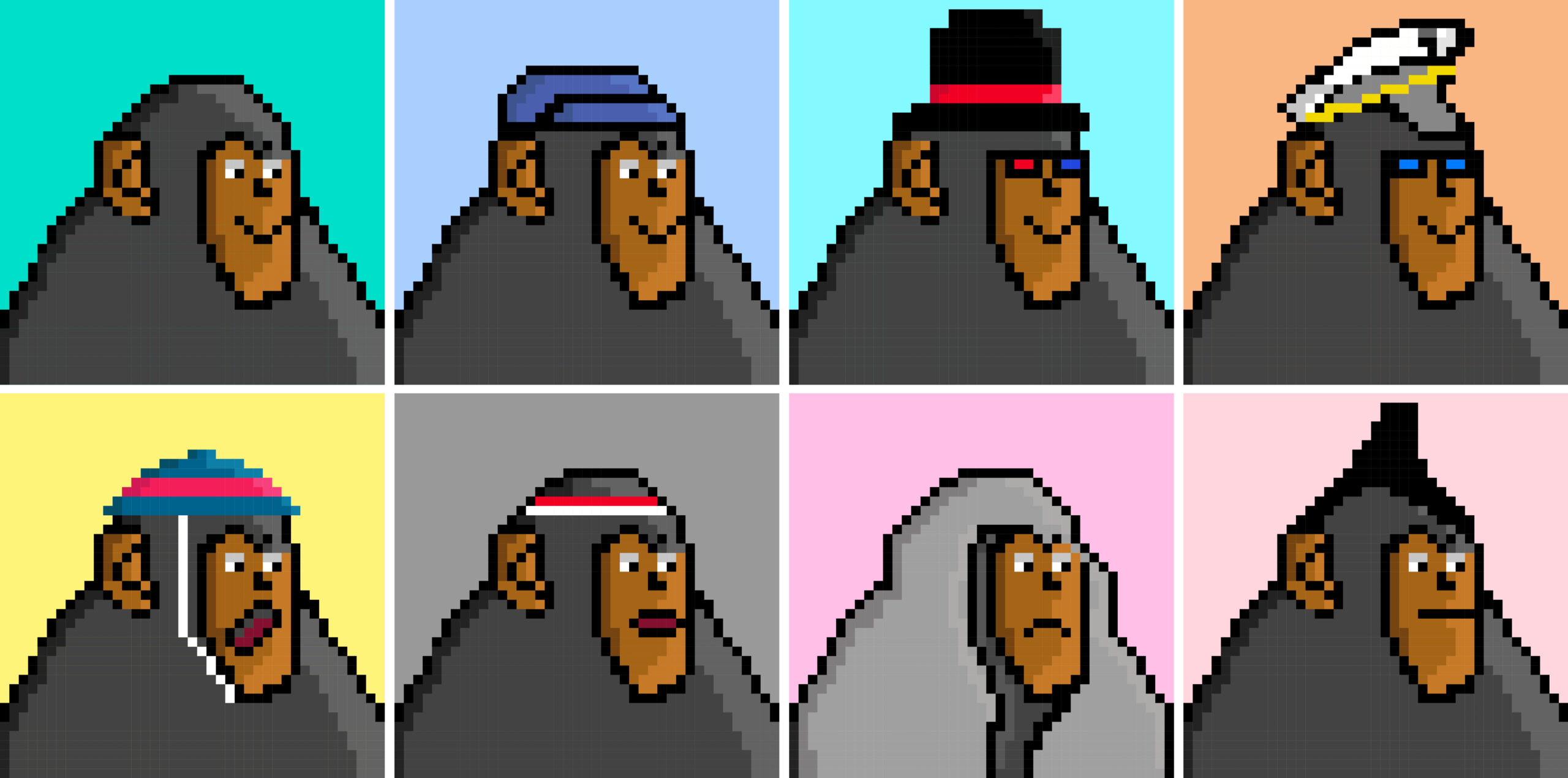 NFT non fungible token. Crypto art concept. Pixel art monkey set